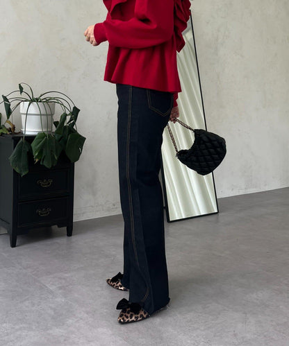 高腰鬆緊帶彈力微喇牛仔褲