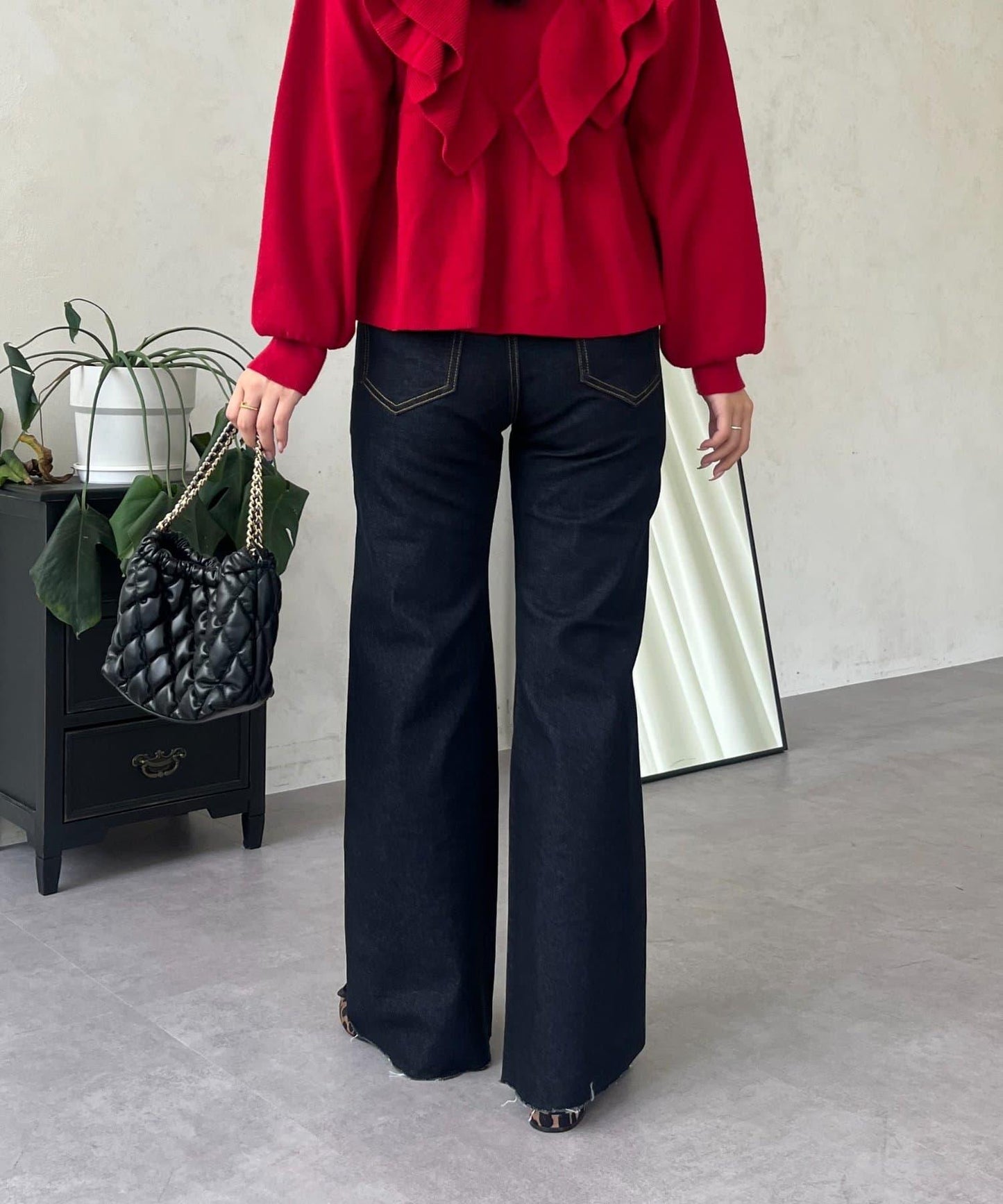 高腰鬆緊帶彈力微喇牛仔褲