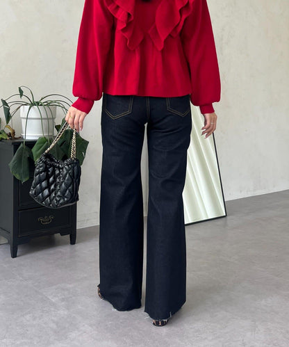 高腰鬆緊帶彈力微喇牛仔褲