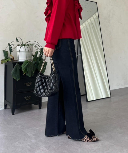 高腰鬆緊帶彈力微喇牛仔褲