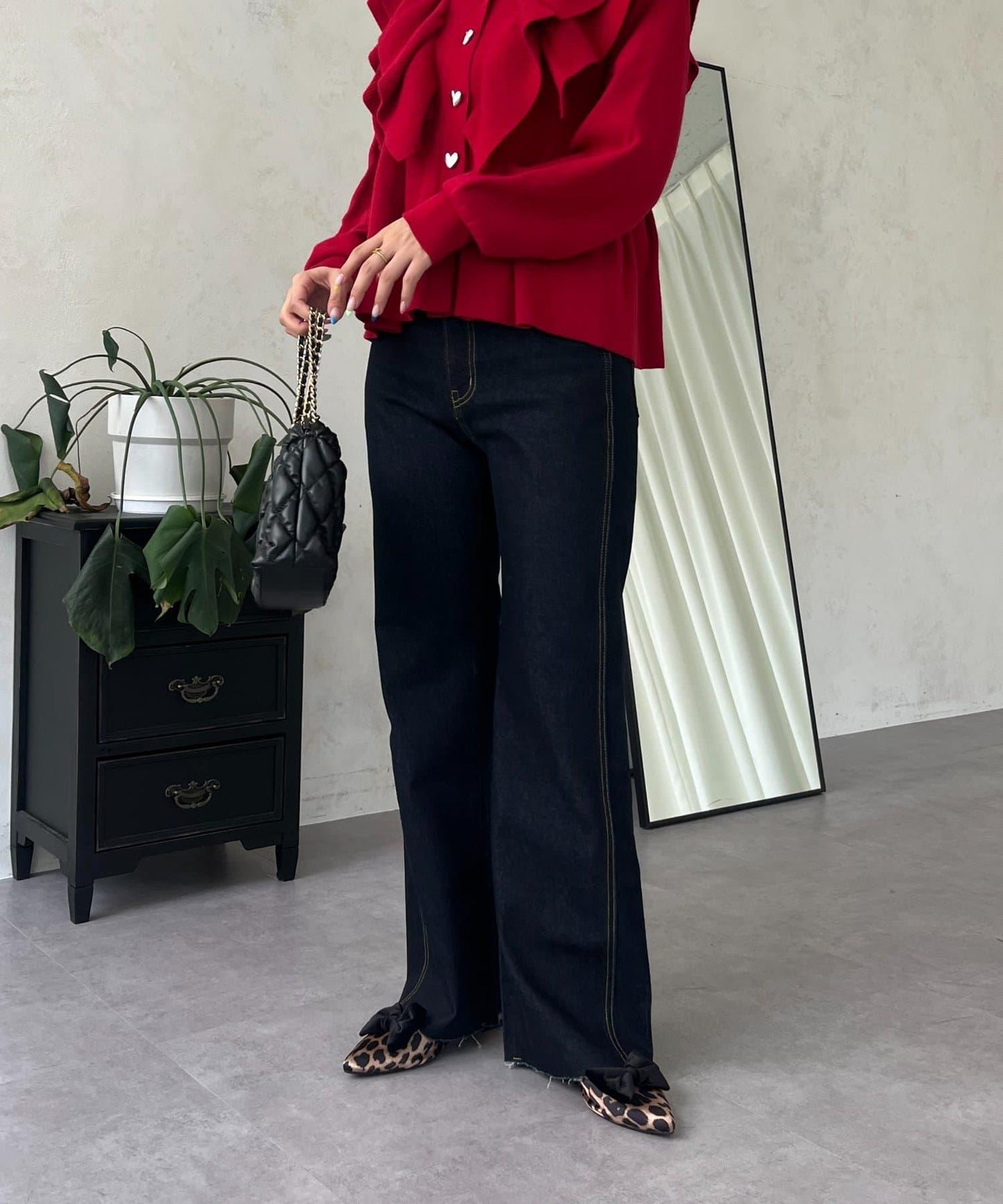 高腰鬆緊帶彈力微喇牛仔褲