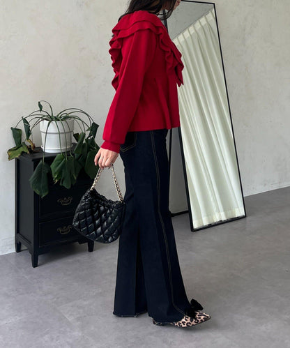 高腰鬆緊帶彈力微喇牛仔褲