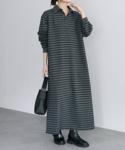 顏料條紋翻領連衣裙