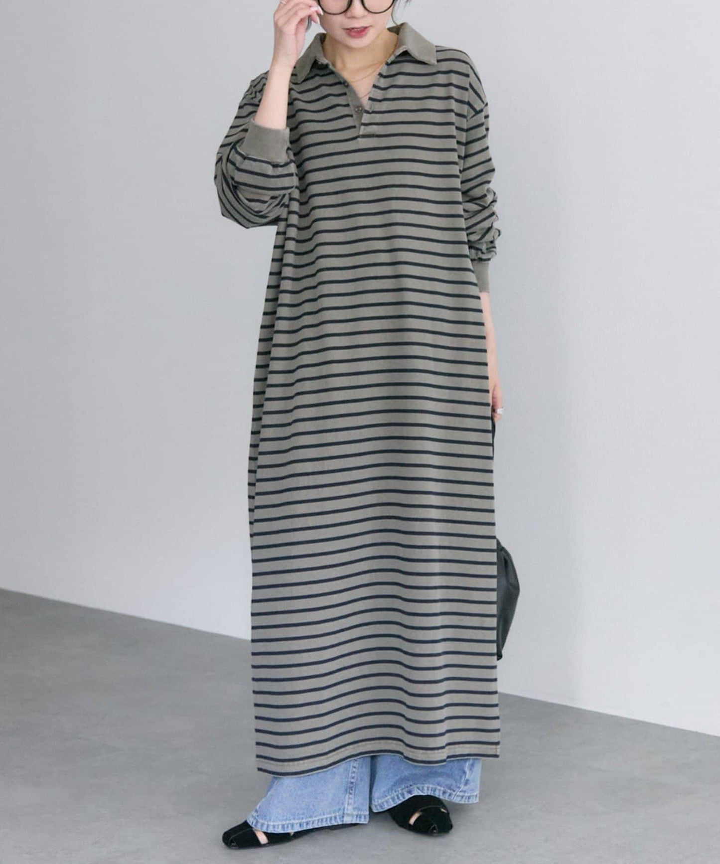 顏料條紋翻領連衣裙