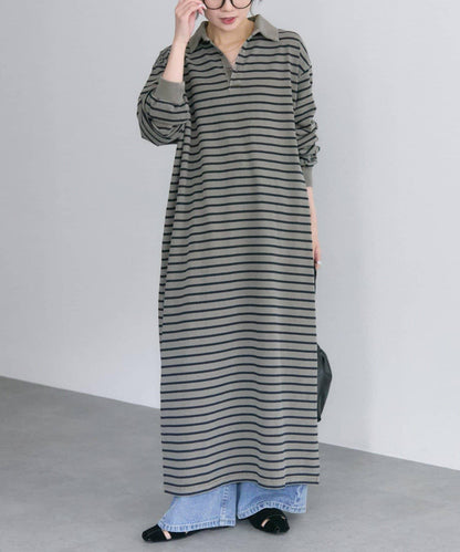 顏料條紋翻領連衣裙