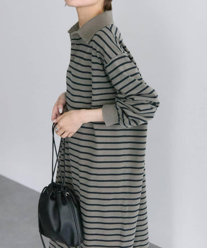 顏料條紋翻領連衣裙