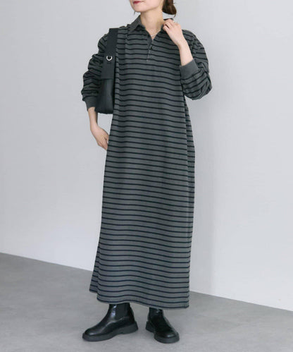 顏料條紋翻領連衣裙