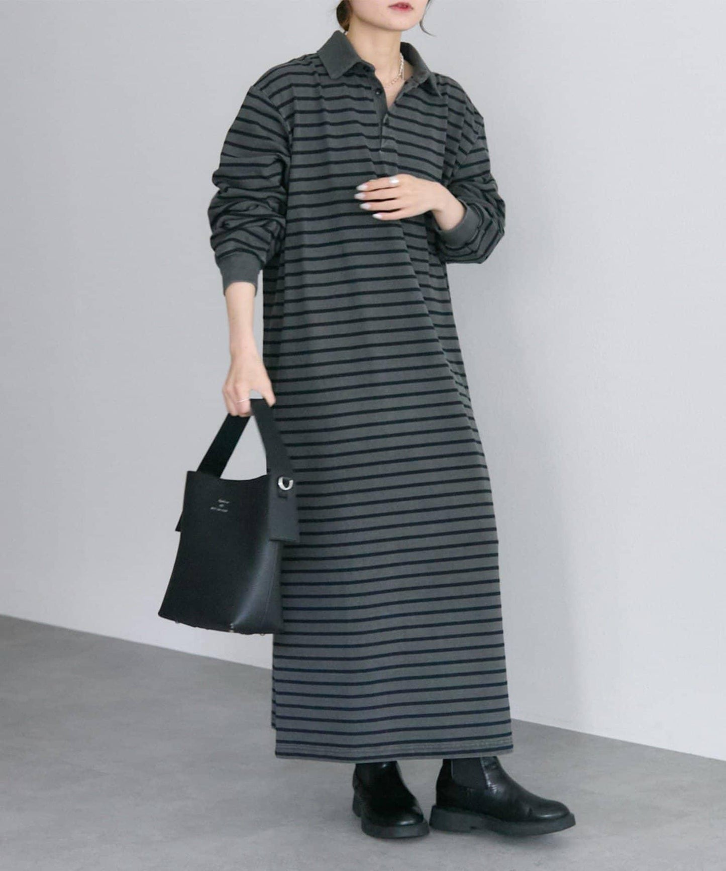 顏料條紋翻領連衣裙