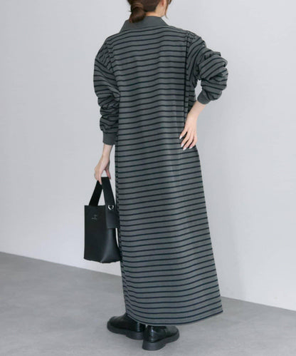 顏料條紋翻領連衣裙