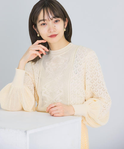 泡泡袖花紋針織衫
