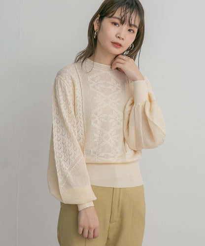 泡泡袖花紋針織衫