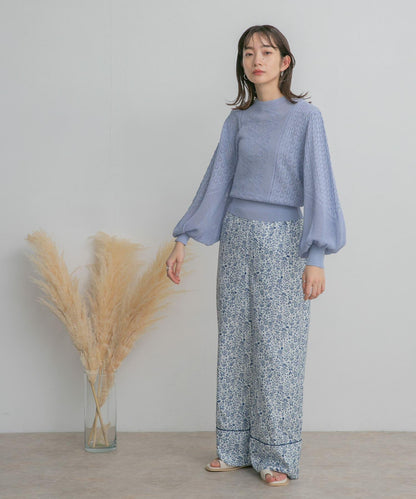 泡泡袖花紋針織衫