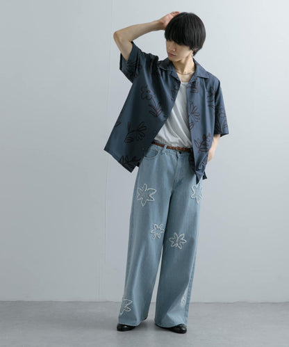 黑色花卉圖案短袖襯衫