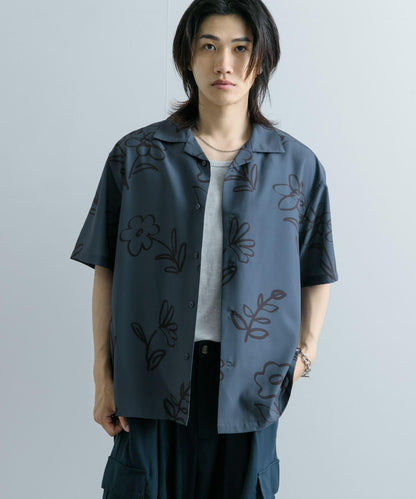 黑色花卉圖案短袖襯衫