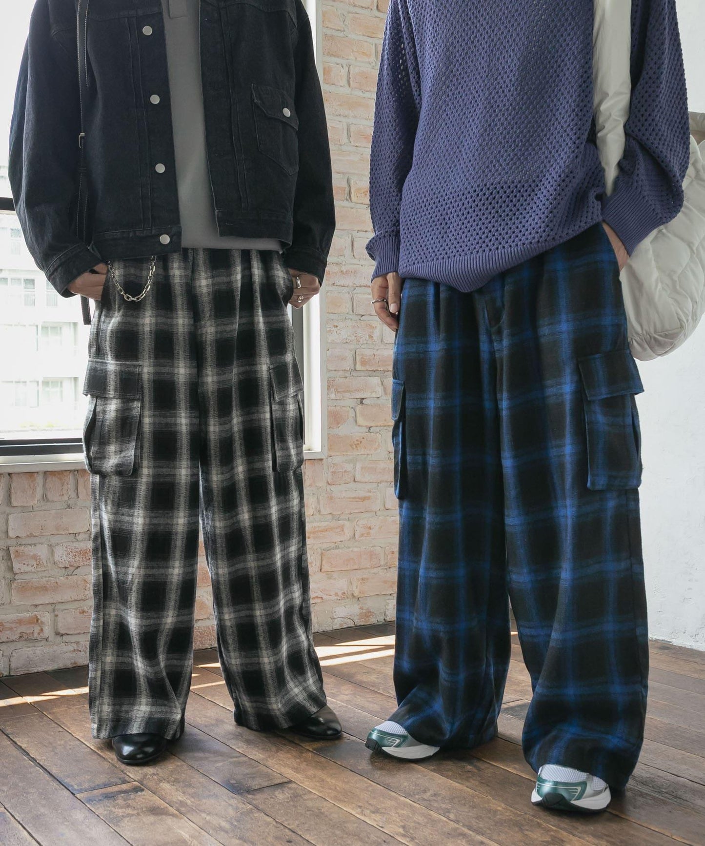 漸變格紋工裝褲
