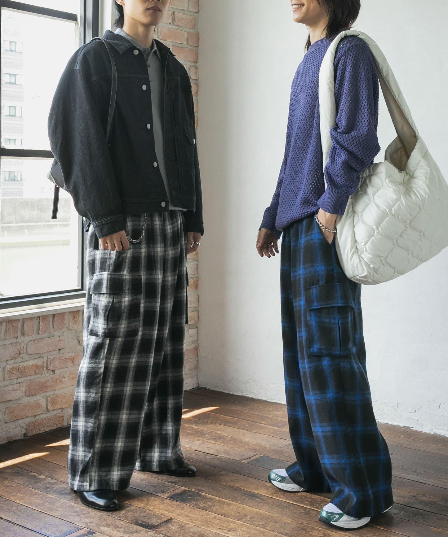 漸變格紋工裝褲