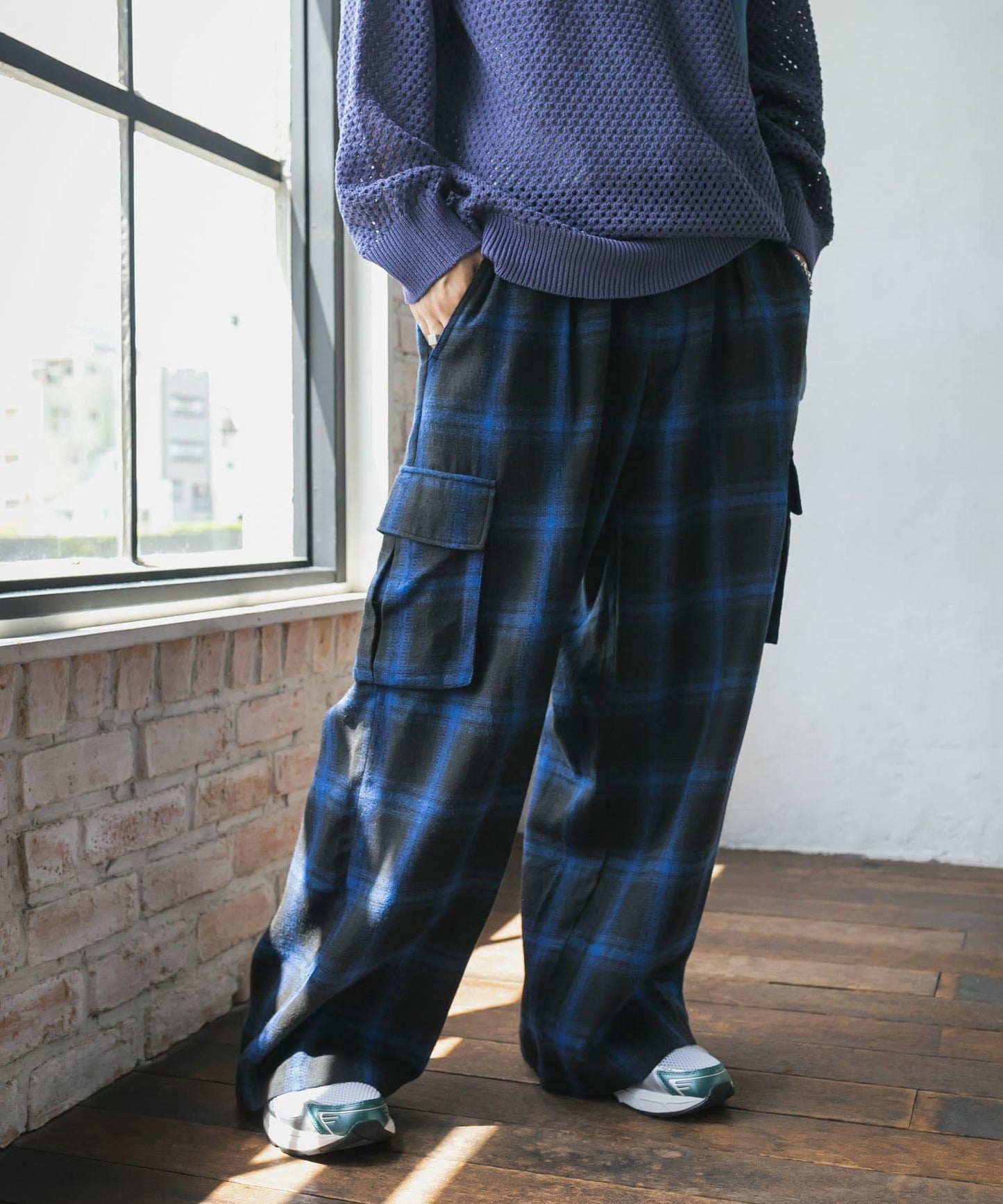 漸變格紋工裝褲