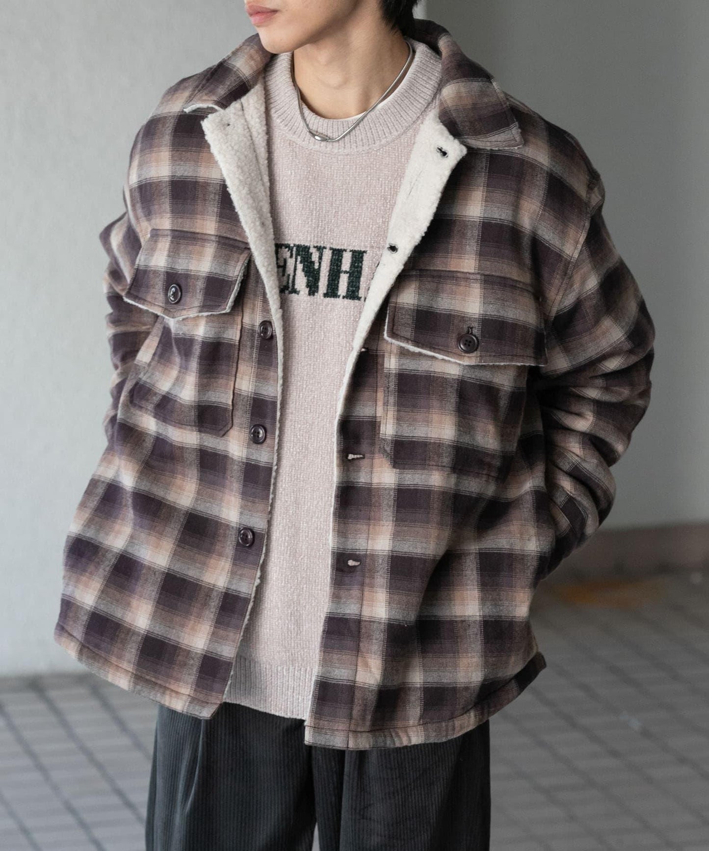 漸變格紋羊羔絨夾克