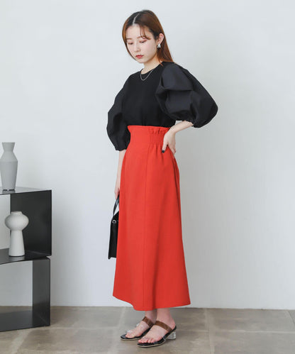 亞麻風高腰喇叭裙