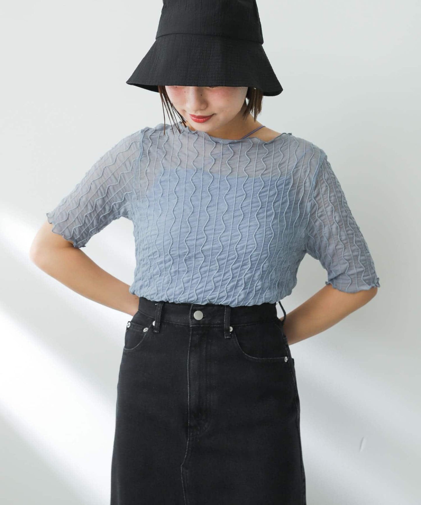 波浪紋透視上衣（五分袖）
