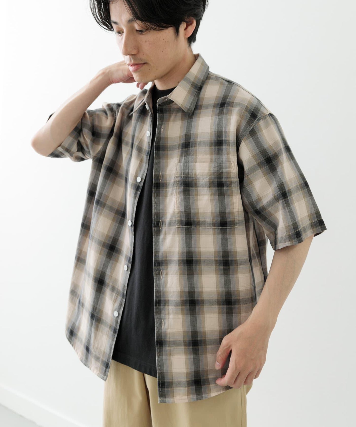 漸變格紋短袖襯衫