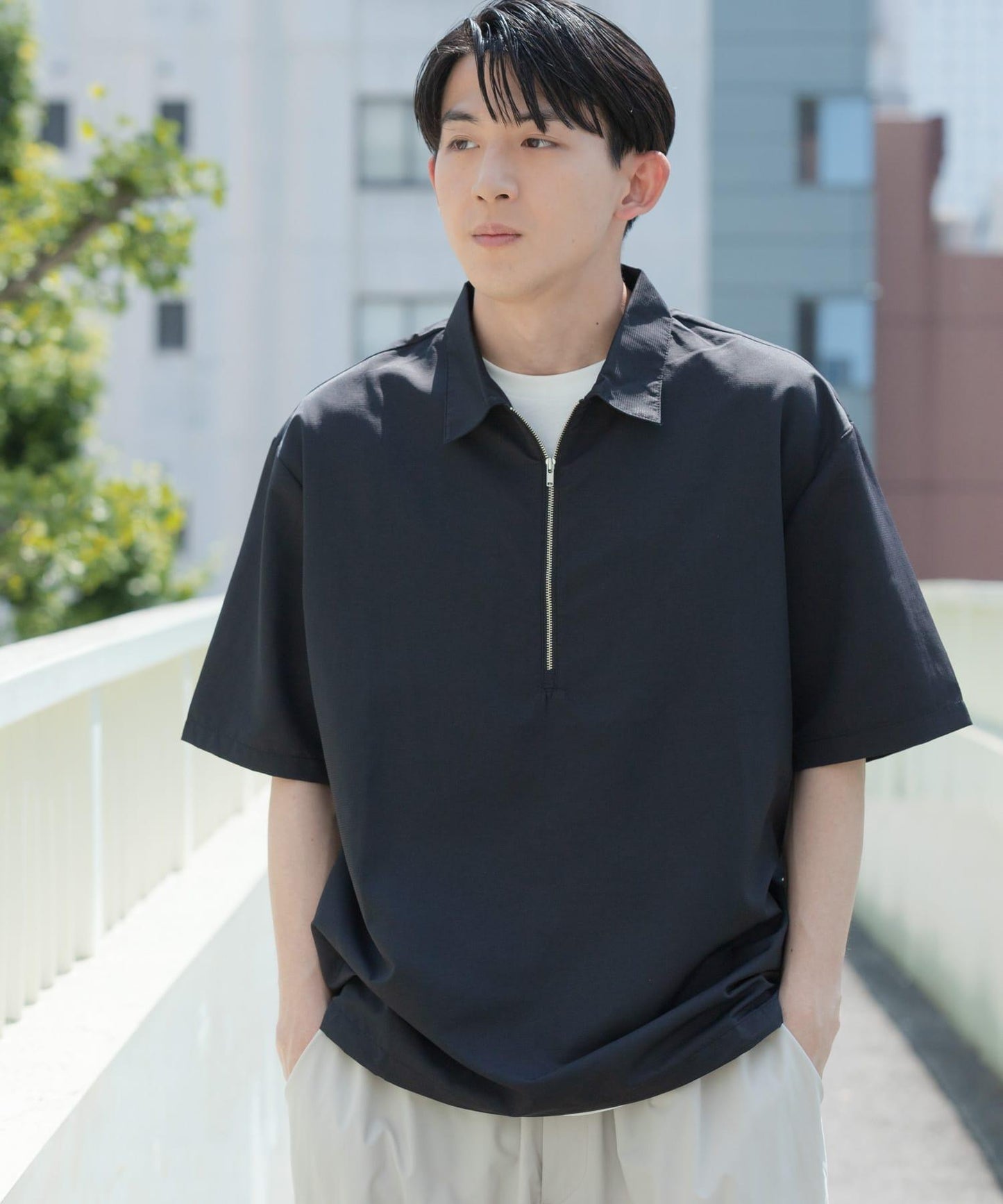 「UV防護」涼感尼龍半拉鍊套頭襯衫
