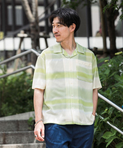 印花條紋短袖透視襯衫