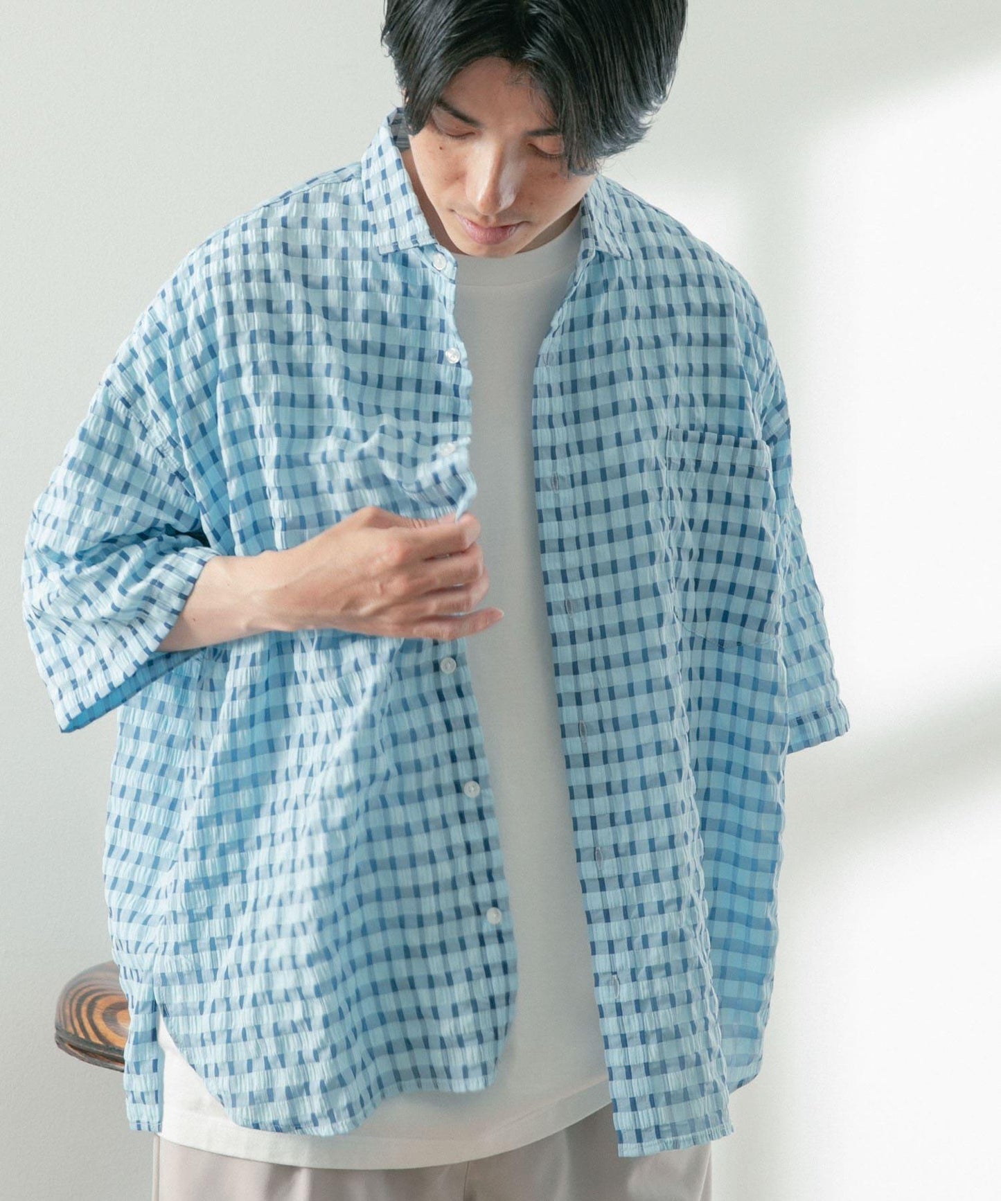 泡泡紗格紋短袖襯衫