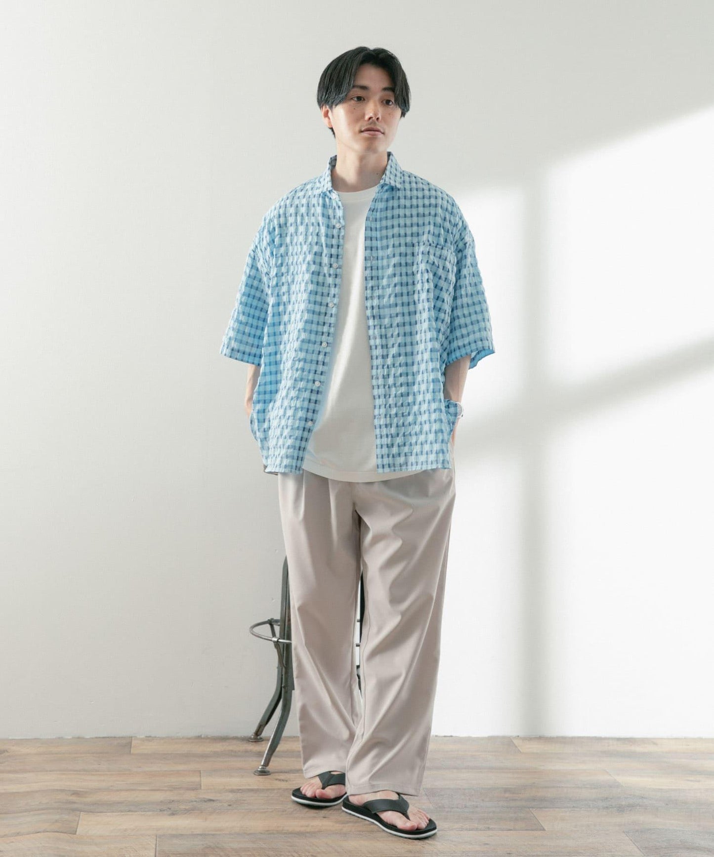 泡泡紗格紋短袖襯衫
