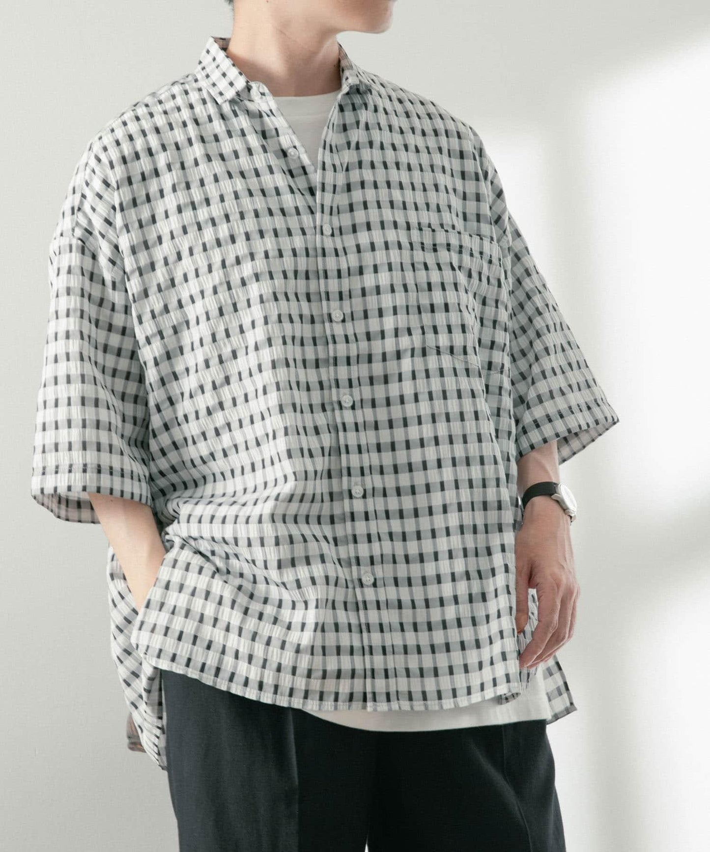 泡泡紗格紋短袖襯衫