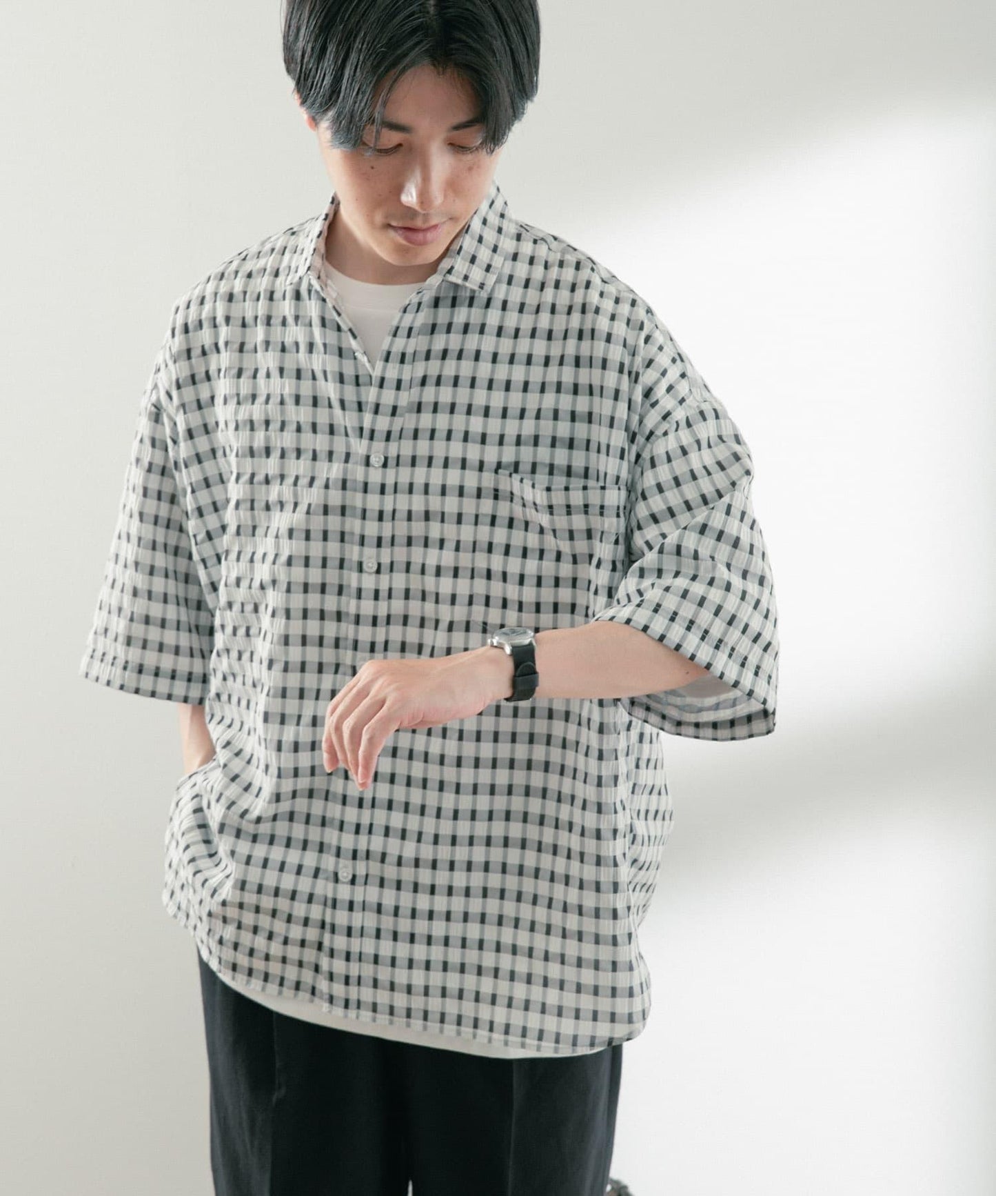 泡泡紗格紋短袖襯衫