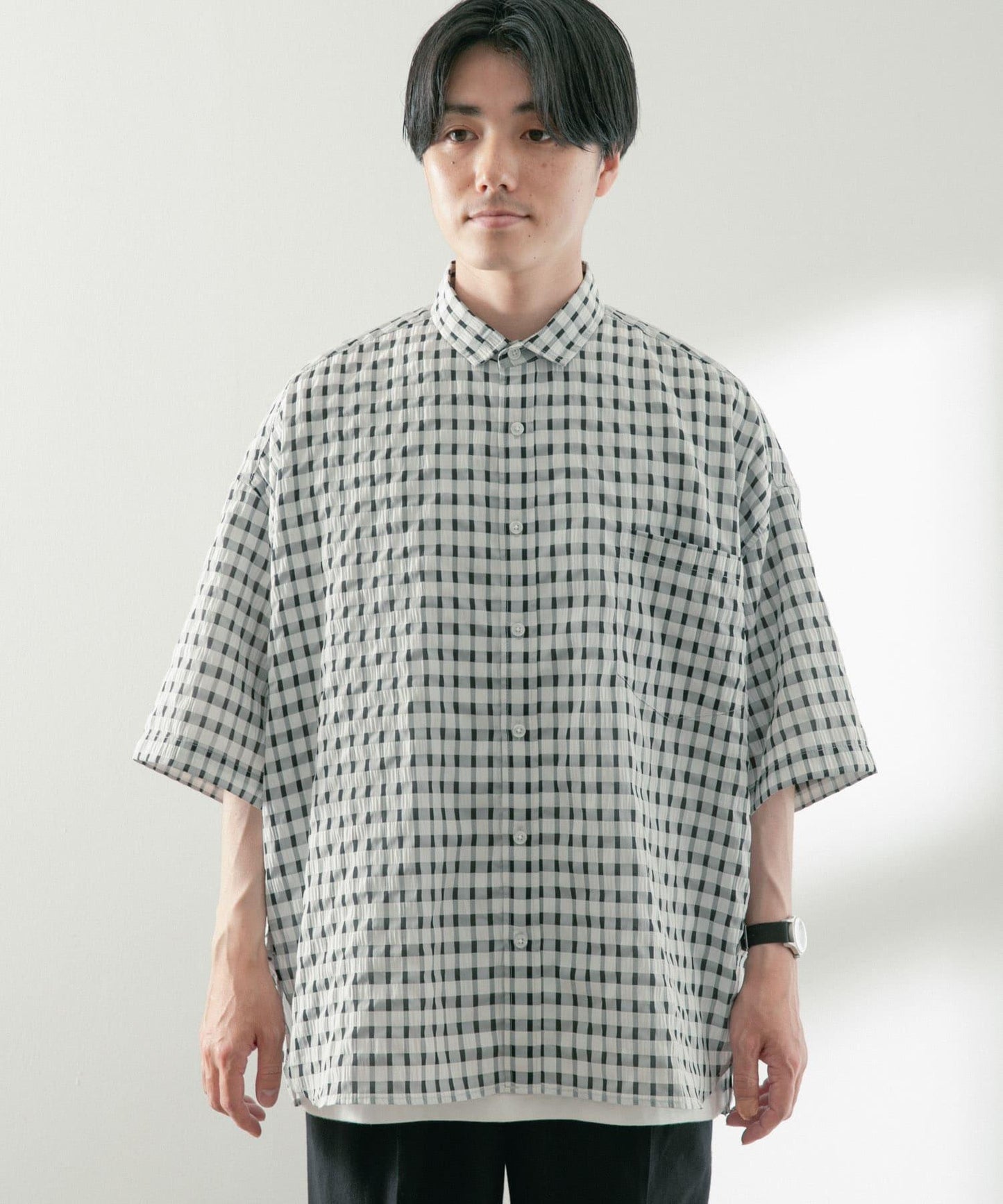 泡泡紗格紋短袖襯衫