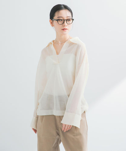 亞麻混紡開領透視針織衫