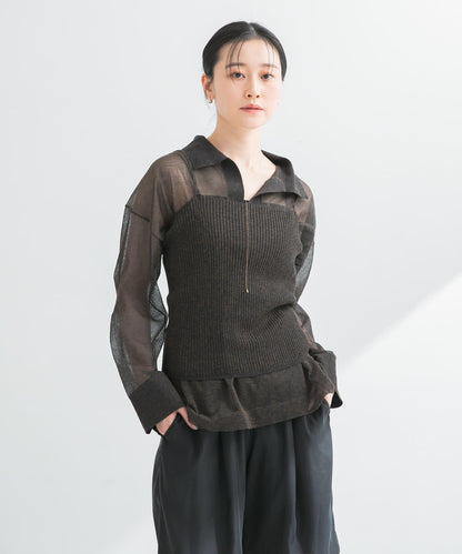 亞麻混紡開領透視針織衫