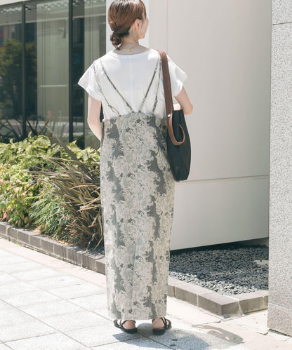 亞麻混紡提花吊帶連衣裙