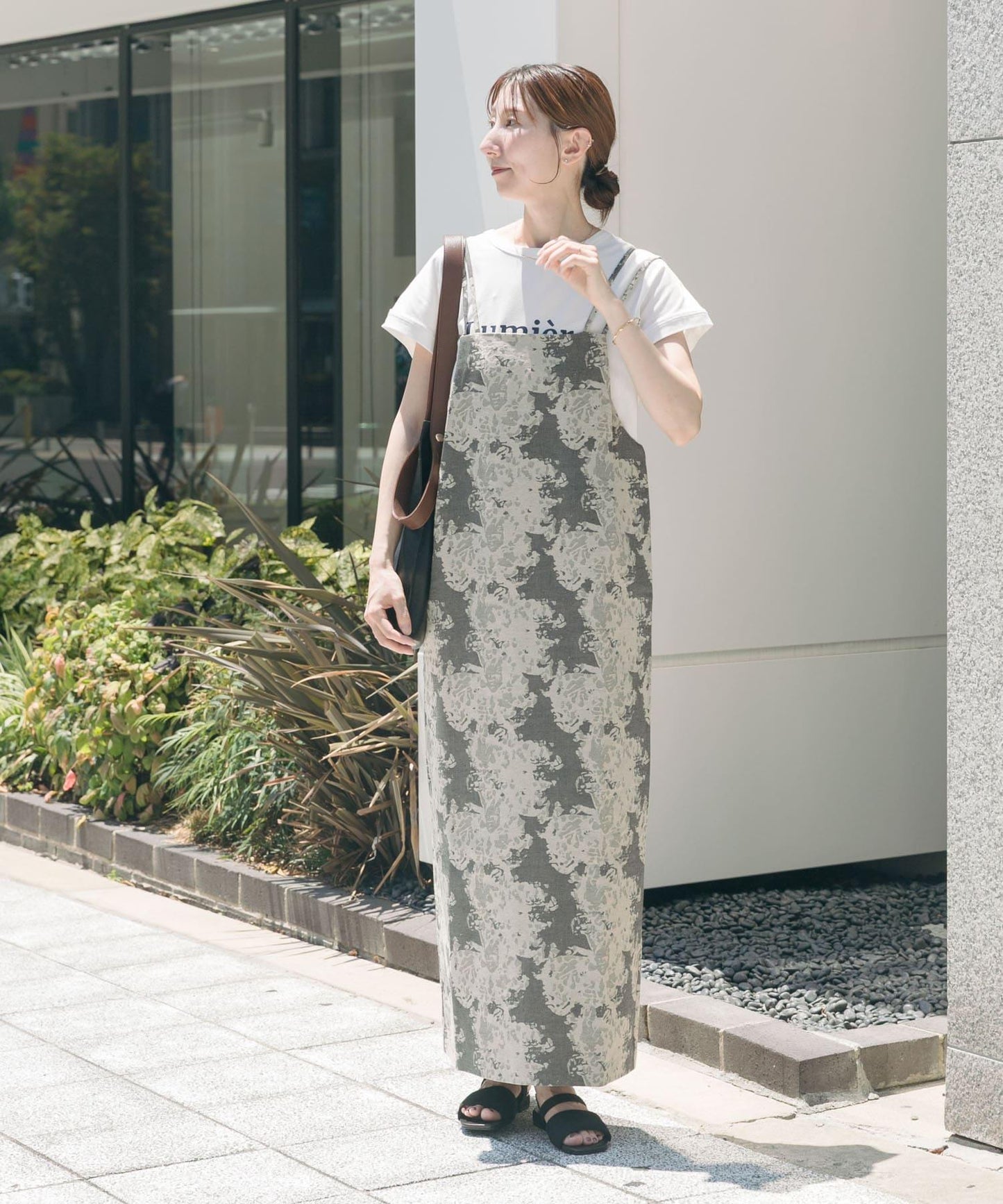 亞麻混紡提花吊帶連衣裙