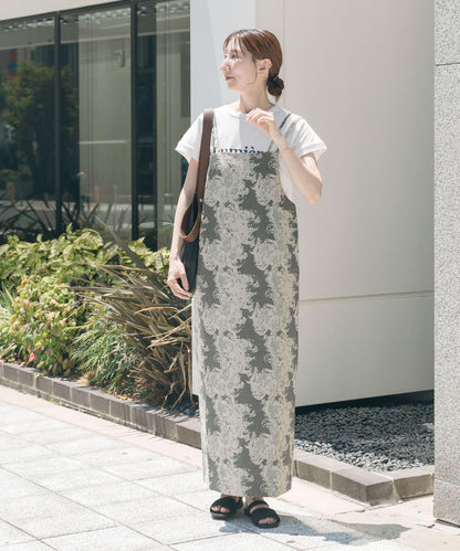 亞麻混紡提花吊帶連衣裙