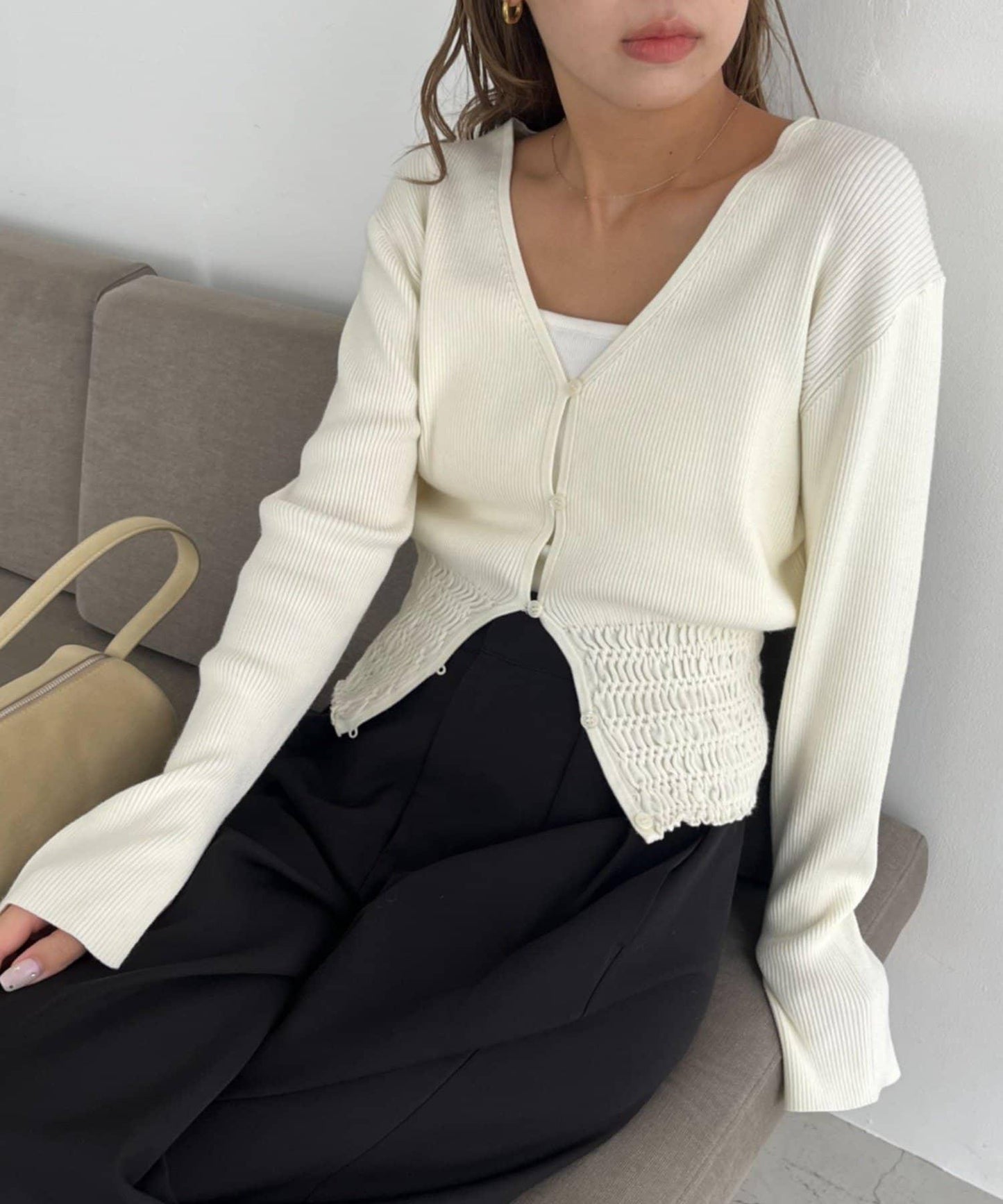 【顯瘦效果◎】下襬抽繩羅紋開衫