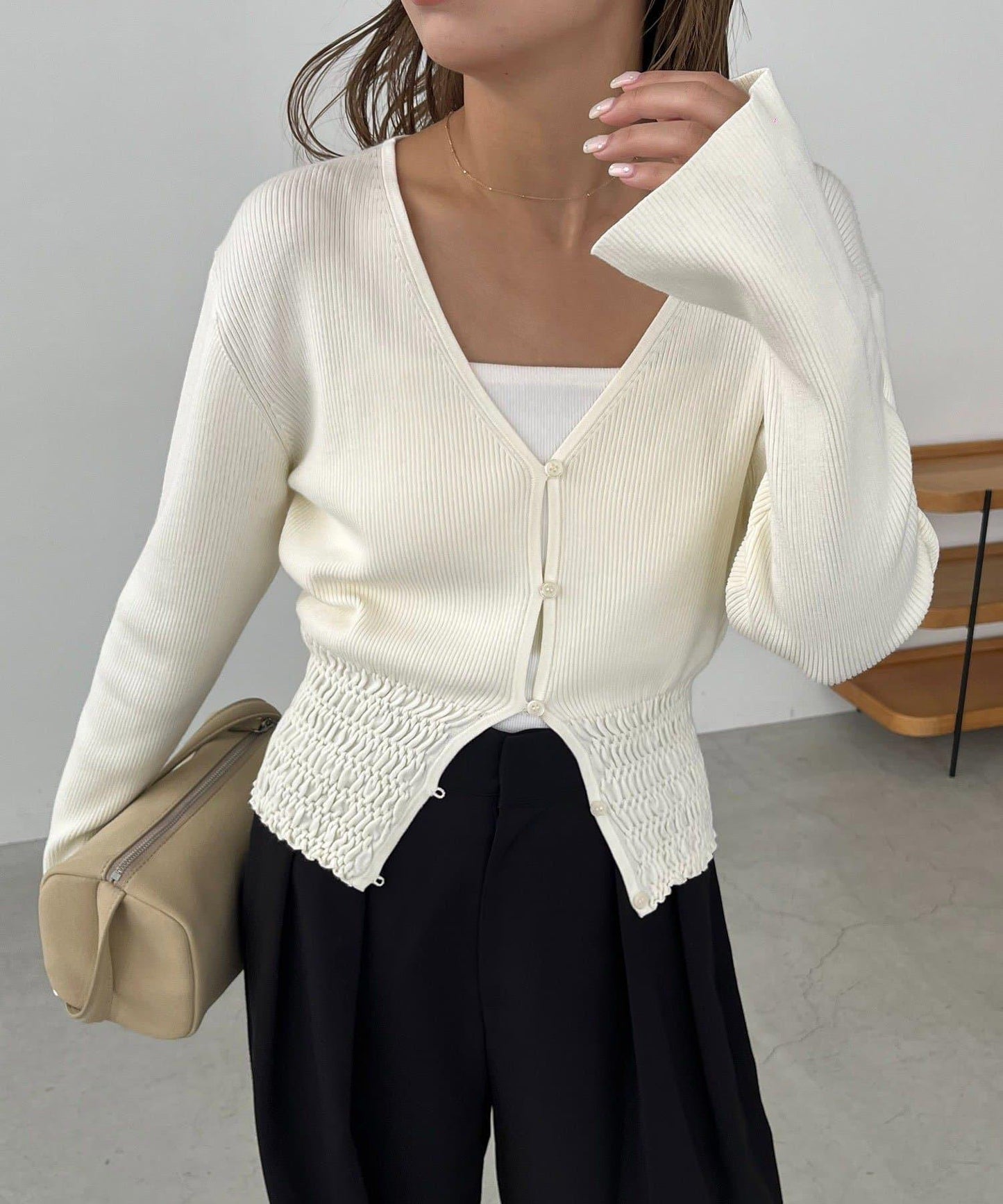 【顯瘦效果◎】下襬抽繩羅紋開衫