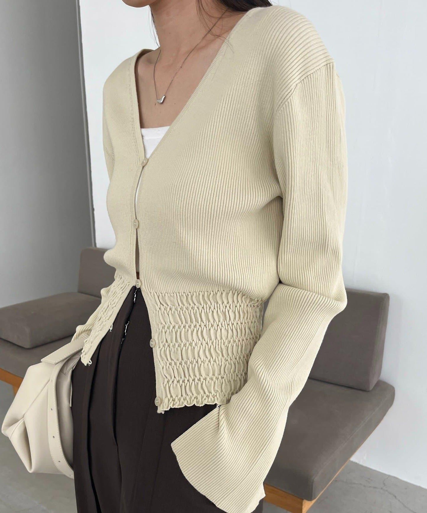 【顯瘦效果◎】下襬抽繩羅紋開衫