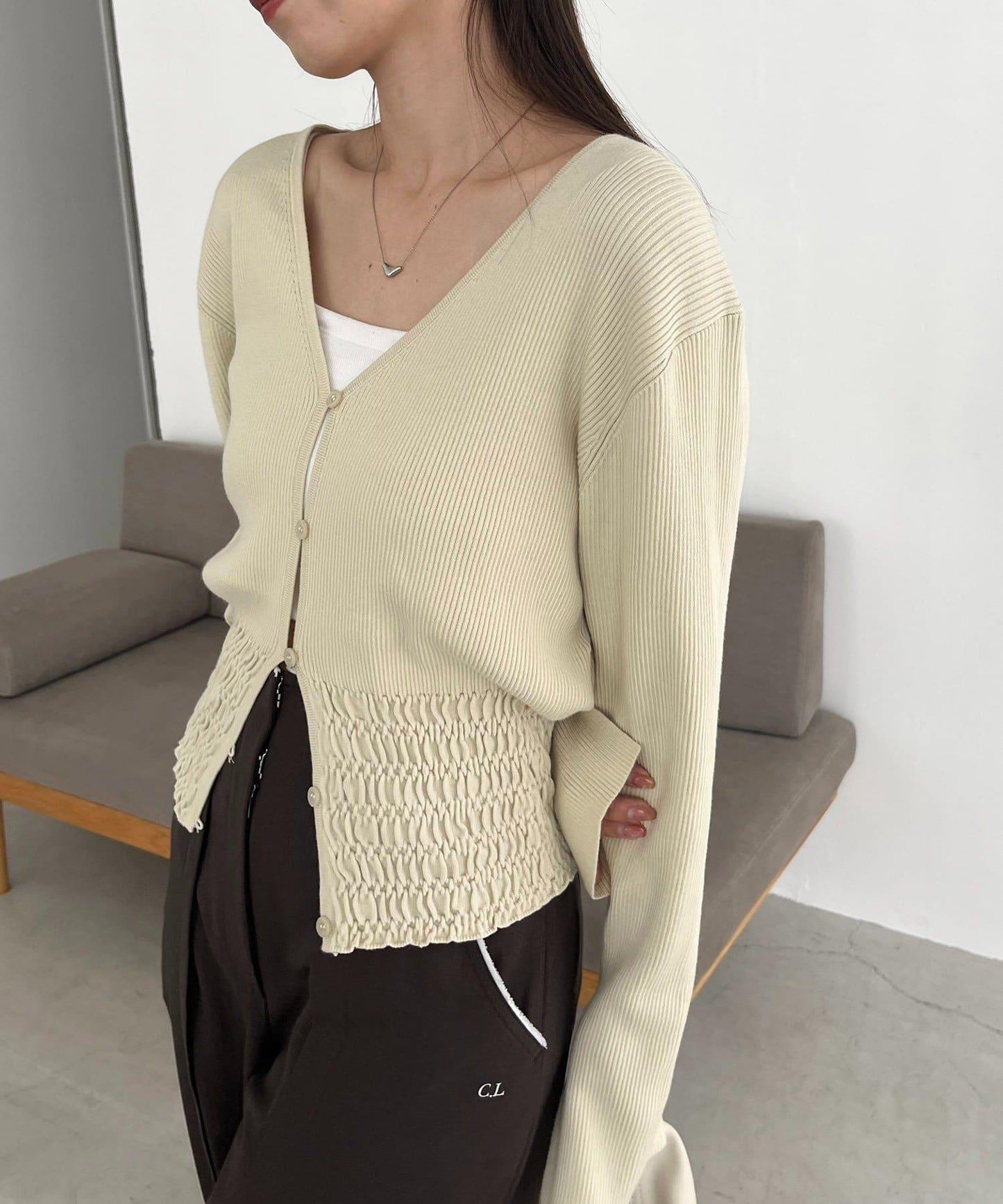 【顯瘦效果◎】下襬抽繩羅紋開衫