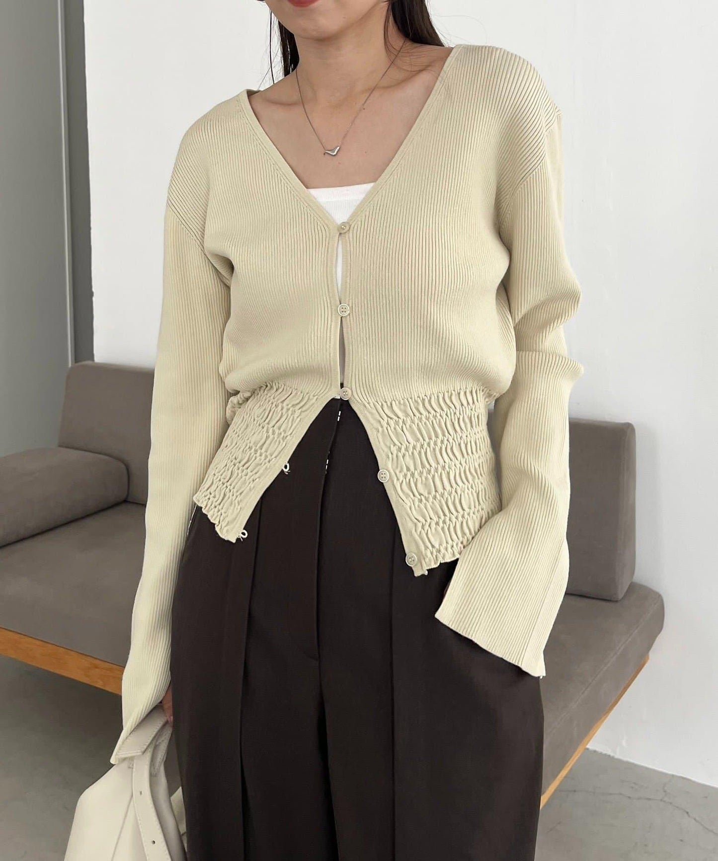 【顯瘦效果◎】下襬抽繩羅紋開衫