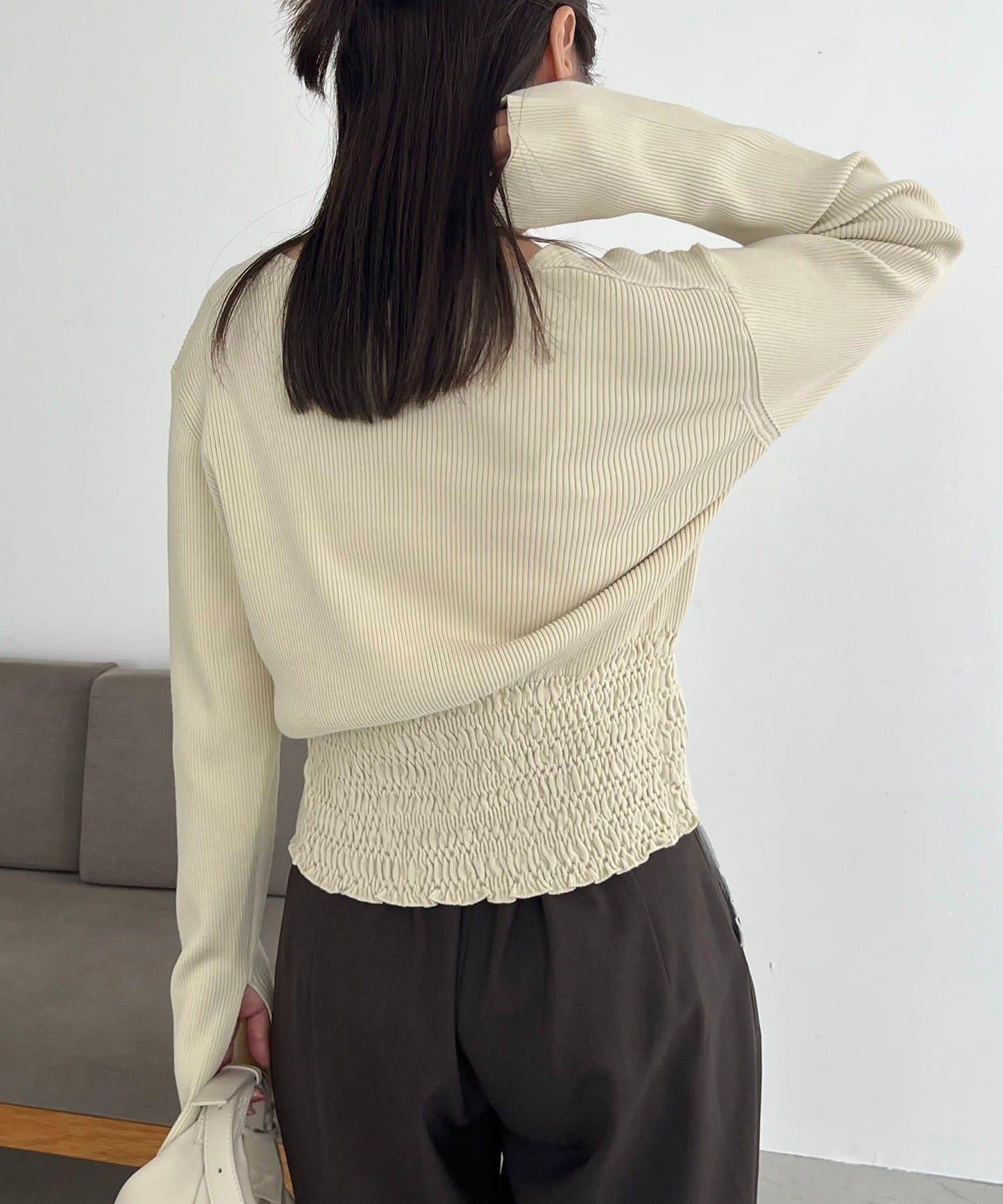 【顯瘦效果◎】下襬抽繩羅紋開衫