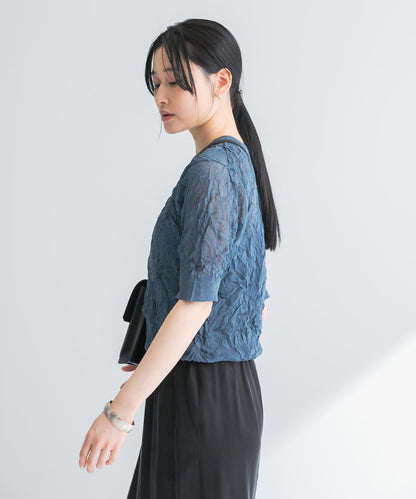 new basic 亞麻混紡皺褶五分袖針織衫