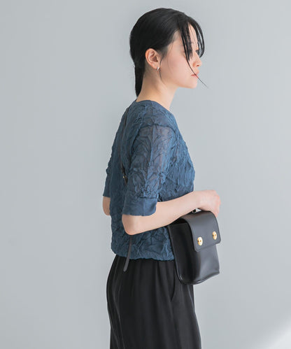 new basic 亞麻混紡皺褶五分袖針織衫