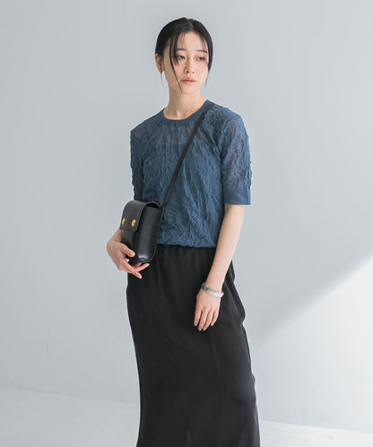 new basic 亞麻混紡皺褶五分袖針織衫