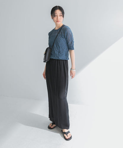 new basic 亞麻混紡皺褶五分袖針織衫