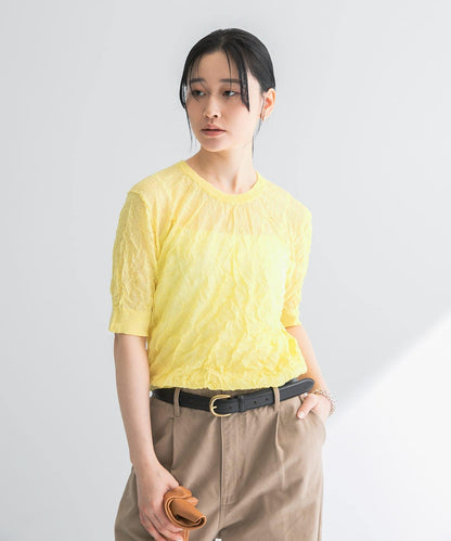 new basic 亞麻混紡皺褶五分袖針織衫