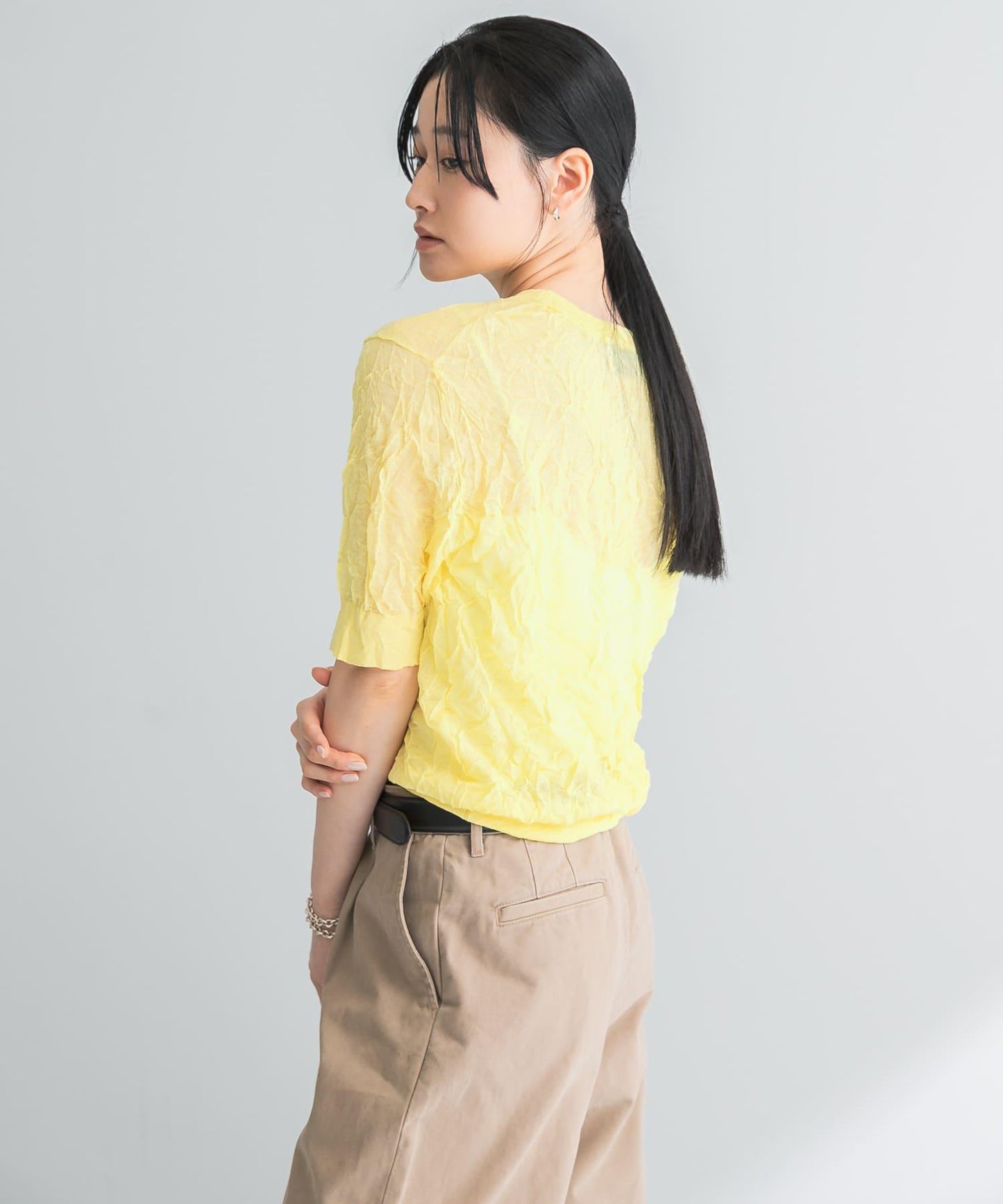 new basic 亞麻混紡皺褶五分袖針織衫