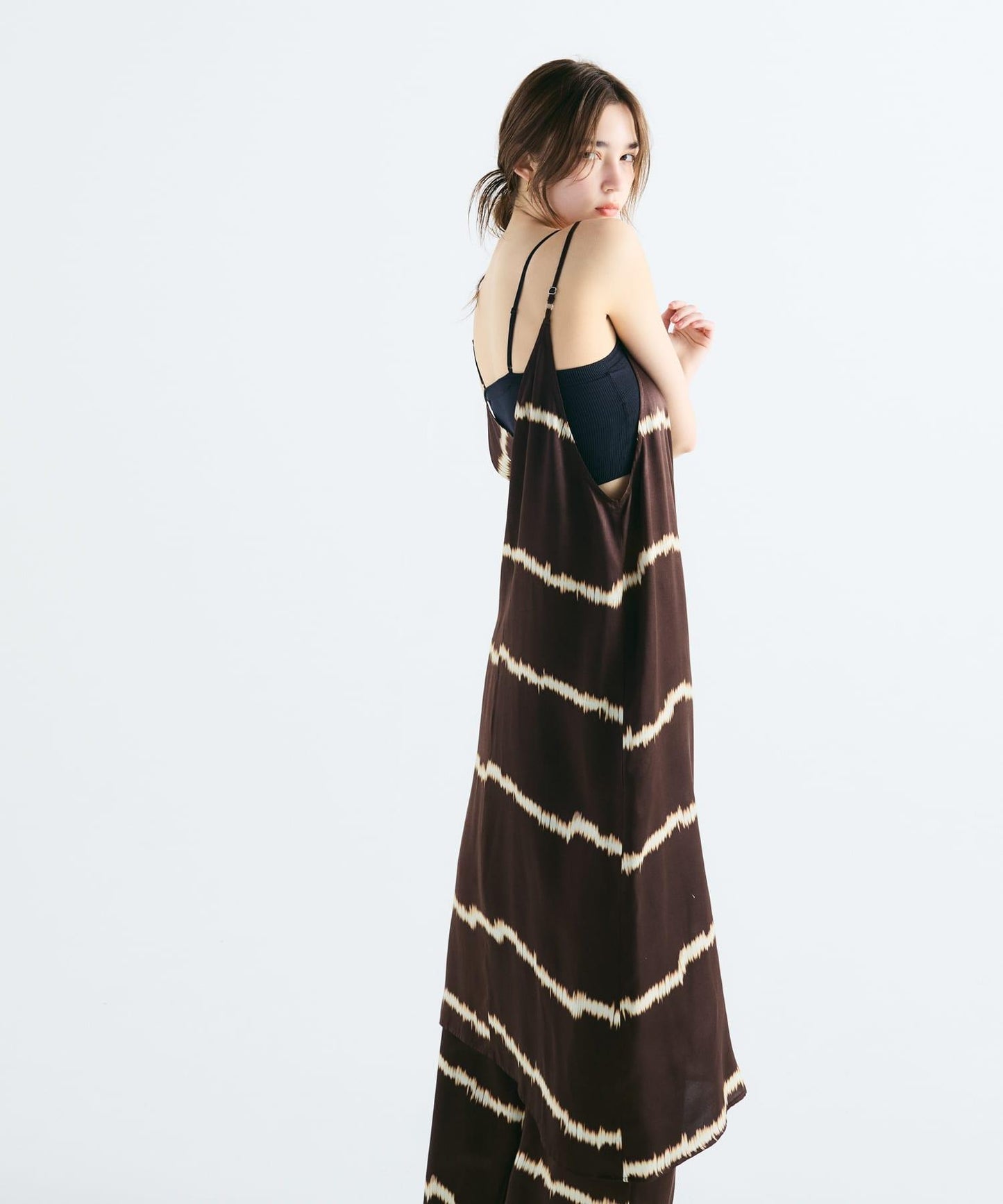真絲混紡條紋印花連衣裙